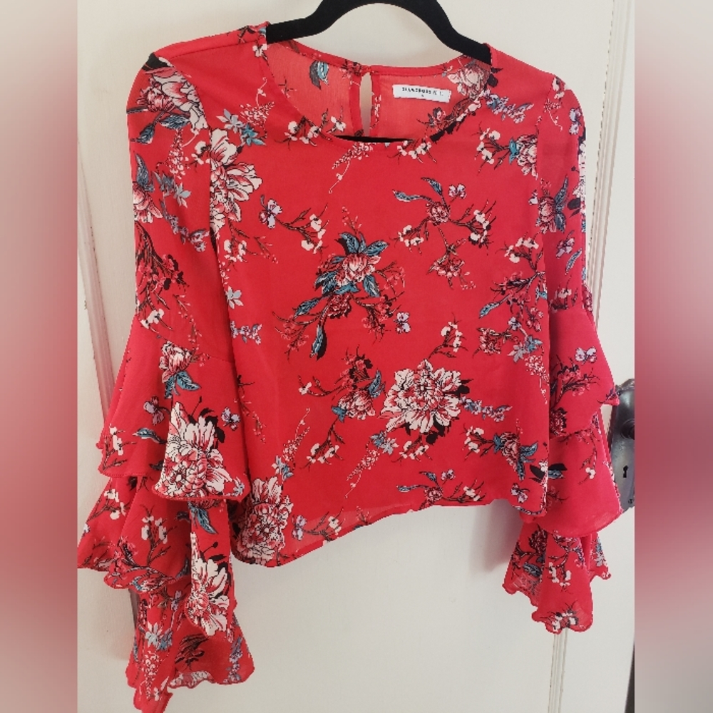 Long Sleeve, Red Linen Blouse with Ruffles and Floral Detail